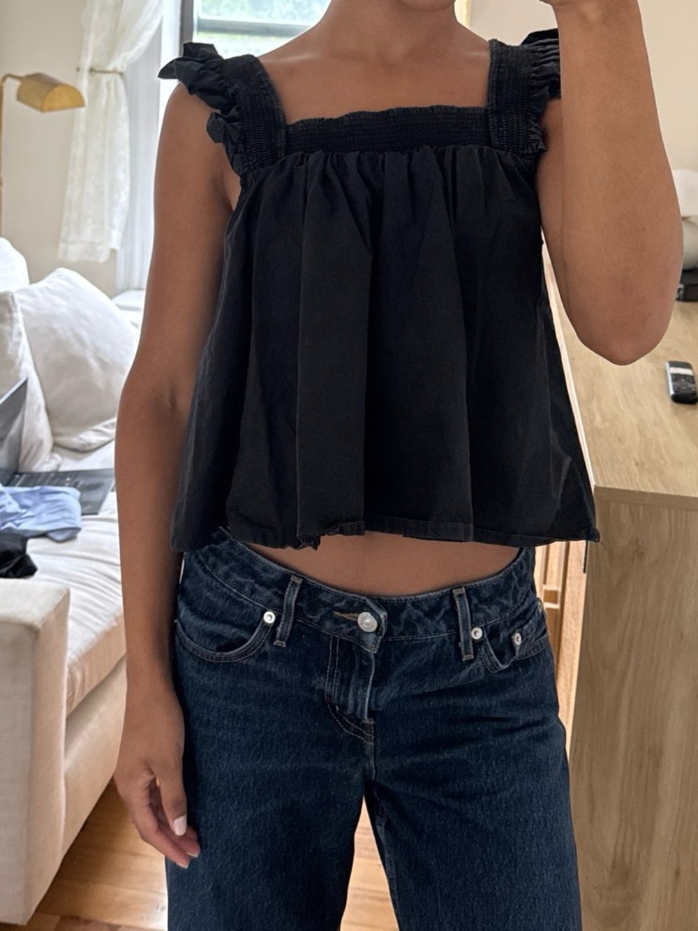 English Factory Black Smocked Square-Neck Ruffle Strap Tank